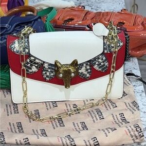 Red and White Shoulder Bag with Gold Chain